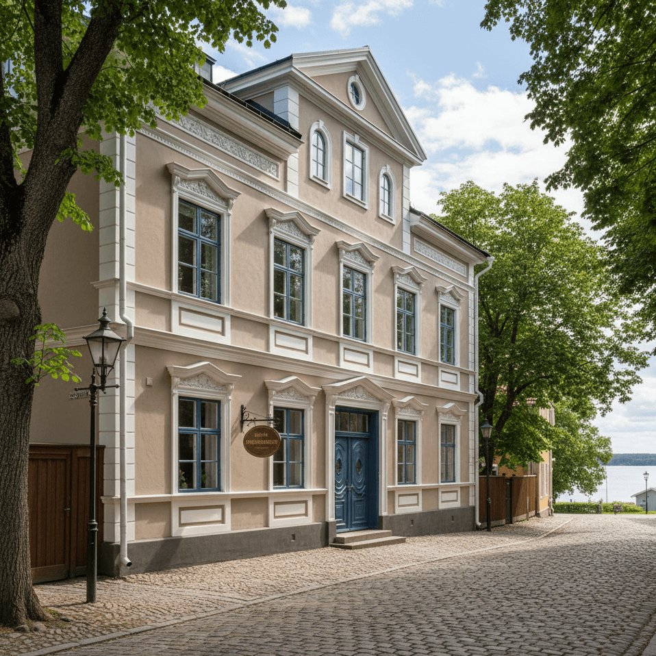 Målare arbetar på gammal byggnad